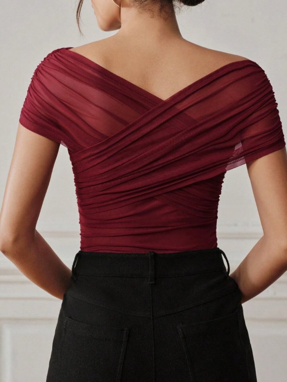 Burgundy Casual Women's Off-Shoulder Mesh Bodycon Bodysuit - Picture 2 of 10